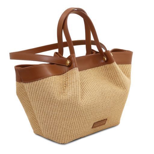 Raffia shopping bag Tuscany Leather Soleil, Cognac