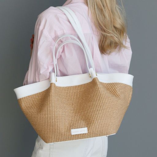 Raffia shopping bag Tuscany Leather Soleil, Cognac