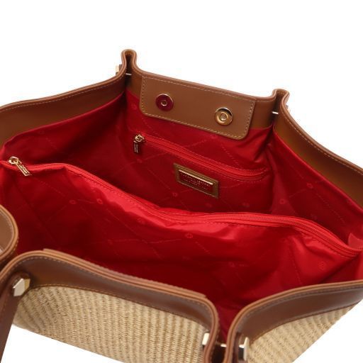 Raffia shopping bag Tuscany Leather Soleil, Cognac
