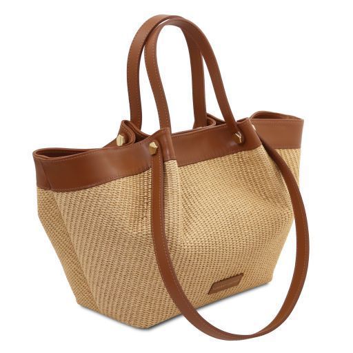 Raffia shopping bag Tuscany Leather Soleil, Cognac