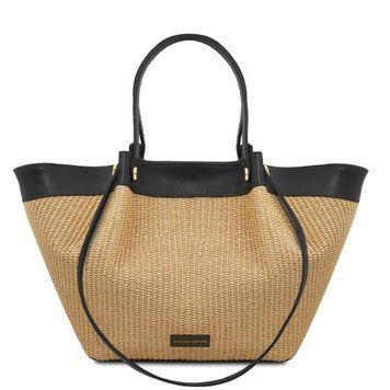 Raffia shopping bag Tuscany Leather Soleil, Black