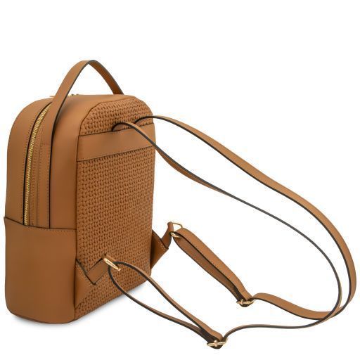 Woven printed leather backpack Tuscany Leather Dedalo, Cognac