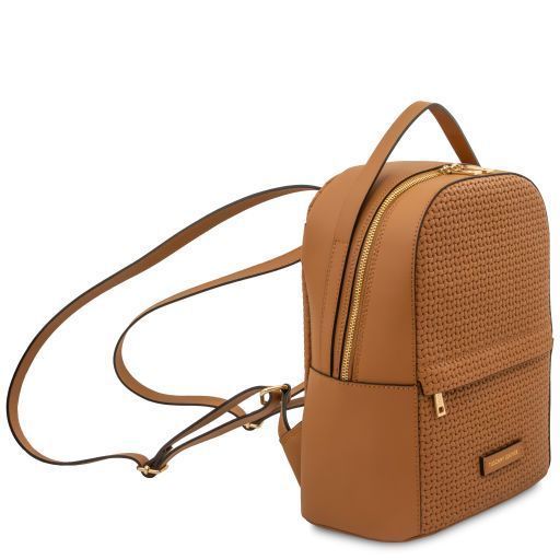 Woven printed leather backpack Tuscany Leather Dedalo, Cognac
