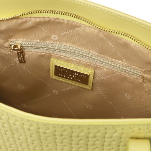 Woven printed leather shopping bag Tuscany Leather Dedalo, Pastel yellow