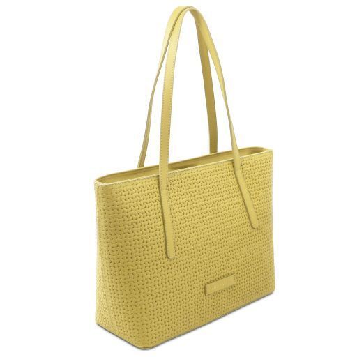 Woven printed leather shopping bag Tuscany Leather Dedalo, Pastel yellow
