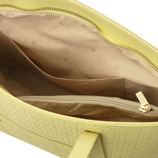 Woven printed leather shopping bag Tuscany Leather Dedalo, Pastel yellow