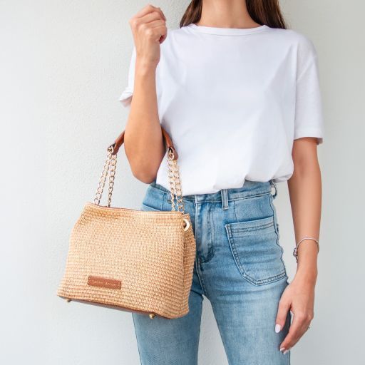 Raffia bucket bag Tuscany Leather TL Bag, Cognac
