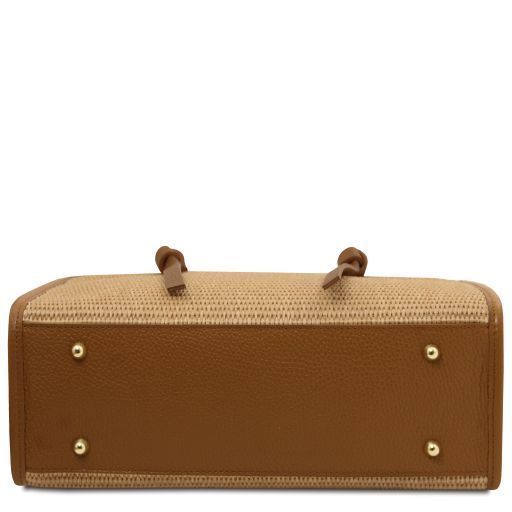 Raffia Shoulder Bag Tuscany Leather Frame, Cognac