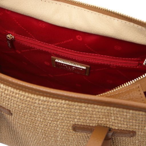 Raffia Shoulder Bag Tuscany Leather Frame, Cognac