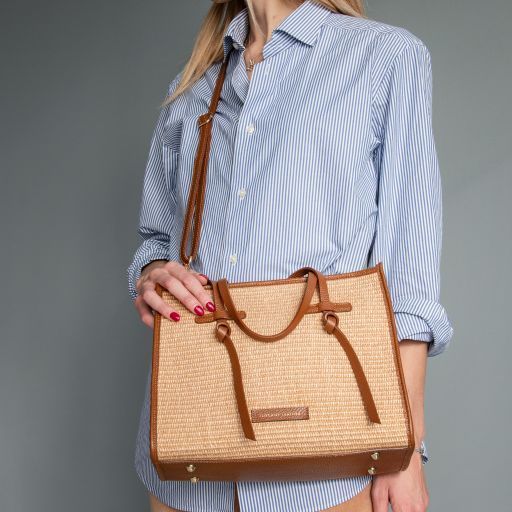 Raffia Shoulder Bag Tuscany Leather Frame, Cognac